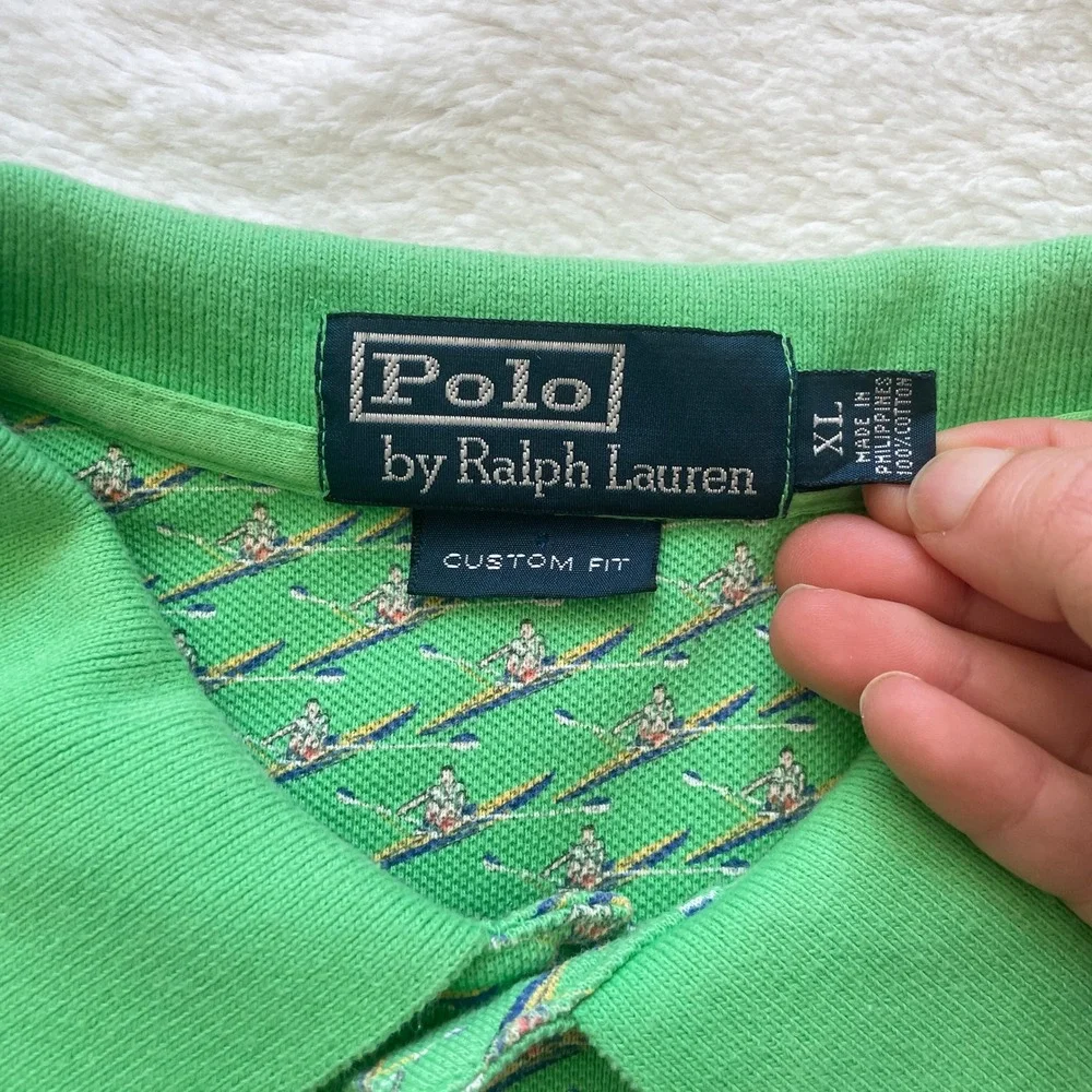 Vintage Polo Ralph Lauren Green Rowing Crew Custom Fit All Over Print Size XL